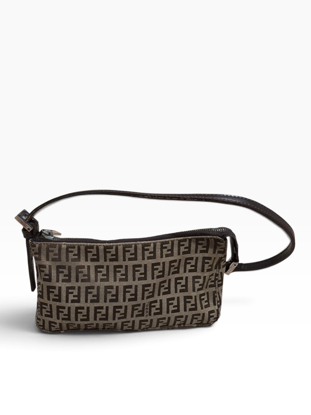 Vintage Fendi Zucchino FF Monogram Logo Mini Pochette Shoulder Bag Brown